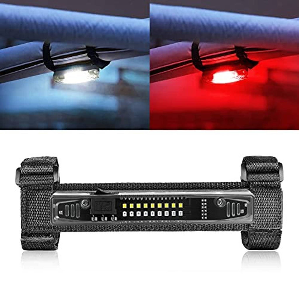 Universal LED dome light bar with black case and nylon straps; white and red light glow