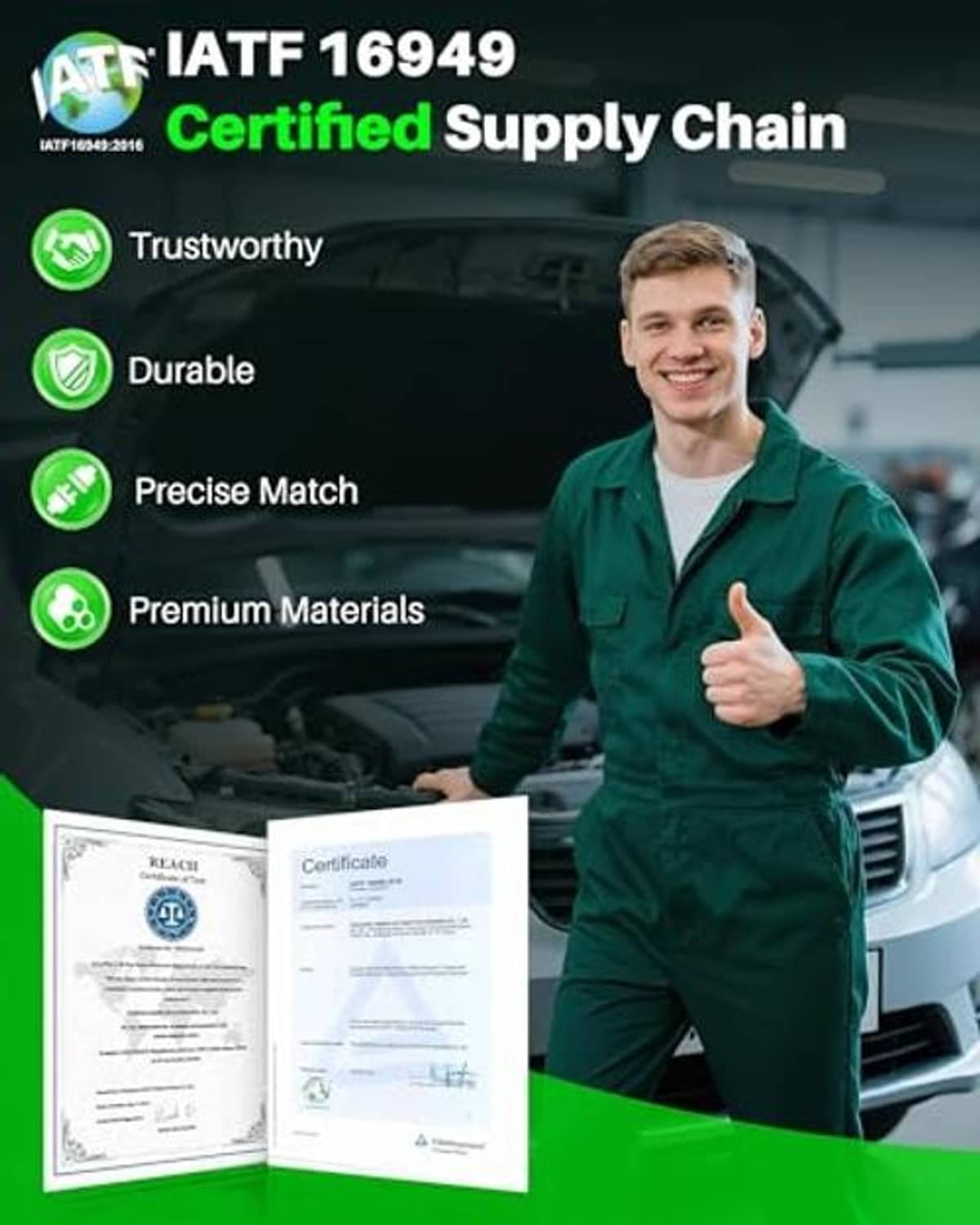 Certified supply chain graphic with camshaft position sensor shown near engine.