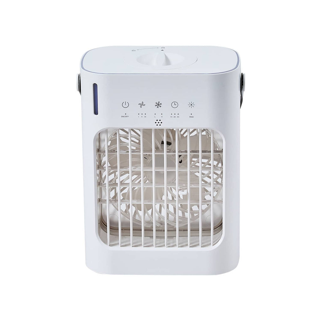 Portable evaporative air cooler with front grille and control panel, white