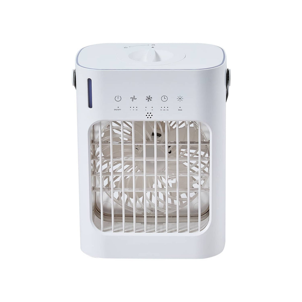Portable evaporative air cooler with front grille and control panel, white