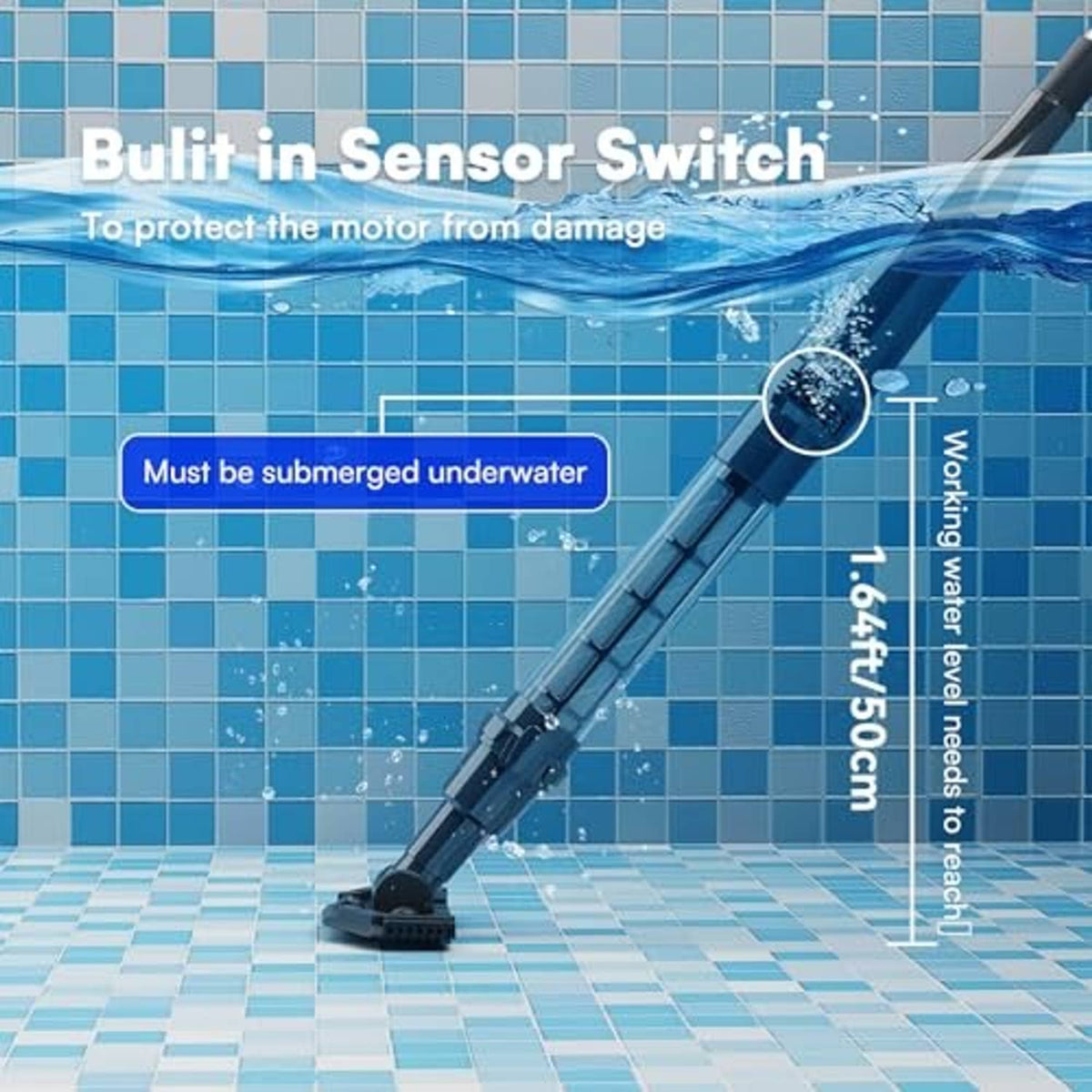 Submerged handheld pool vacuum on telescoping pole with wide floor cleaning head