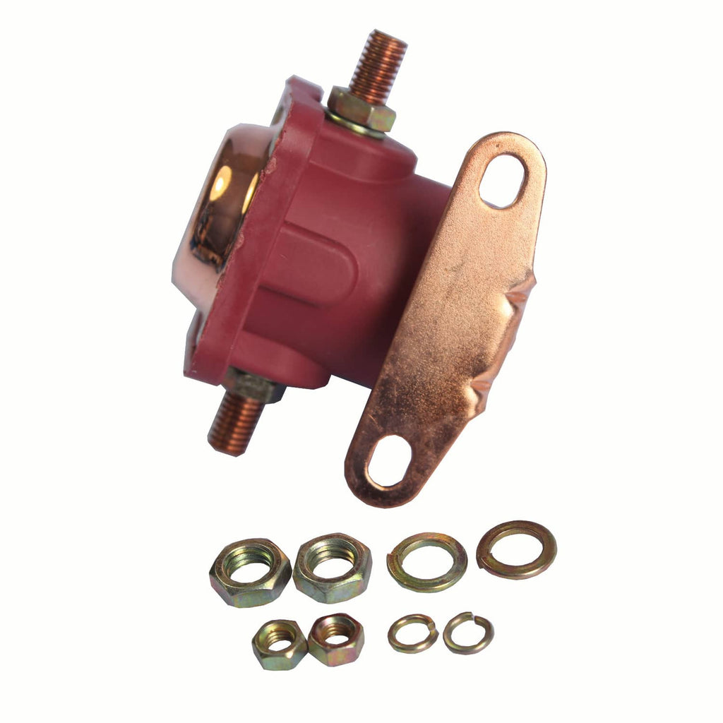 Red 12V solenoid relay with copper mounting strap, screws, and nuts