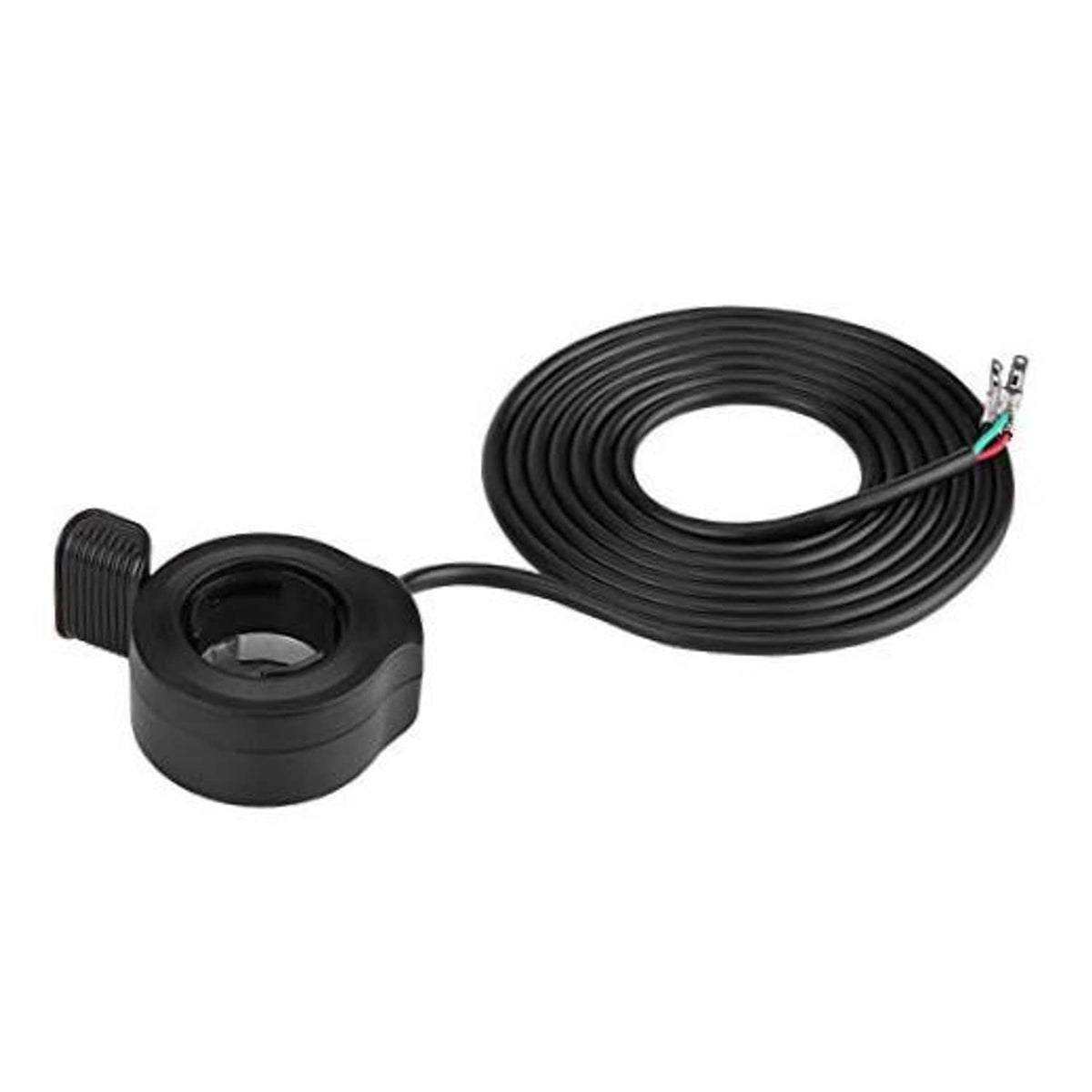 Black e-bike thumb throttle speed controller with coiled cable and connector wires