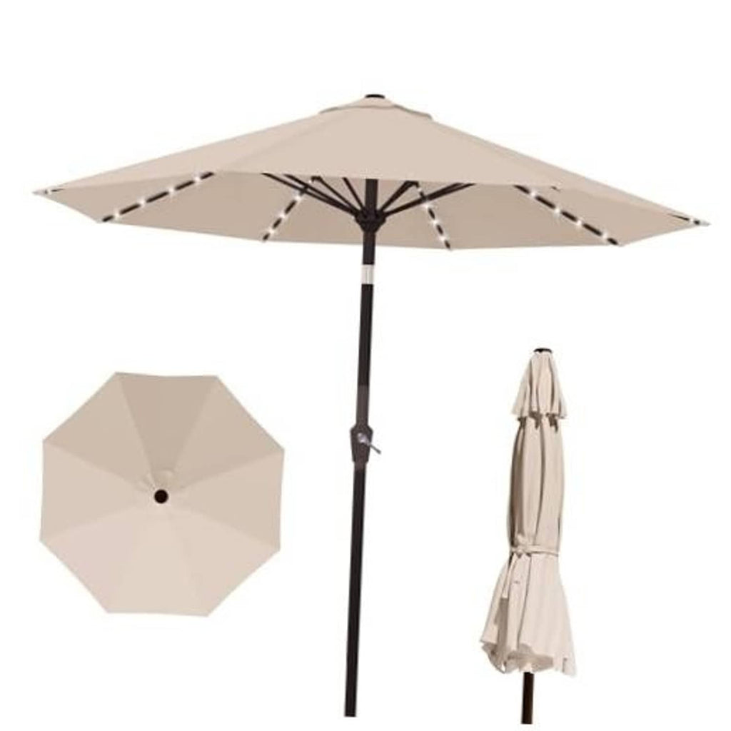 Beige 10 ft outdoor patio umbrella with solar LED light string and open canopy
