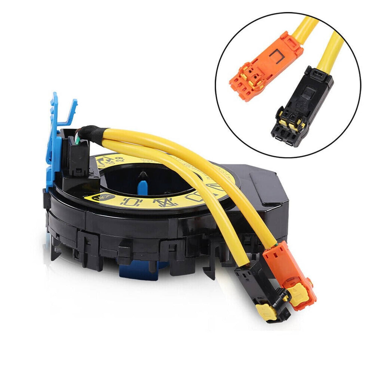Steering wheel clock spring cable with yellow leads and orange/black plugs