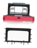 Red UTV with rear soft windshield featuring a clear window and black frame
