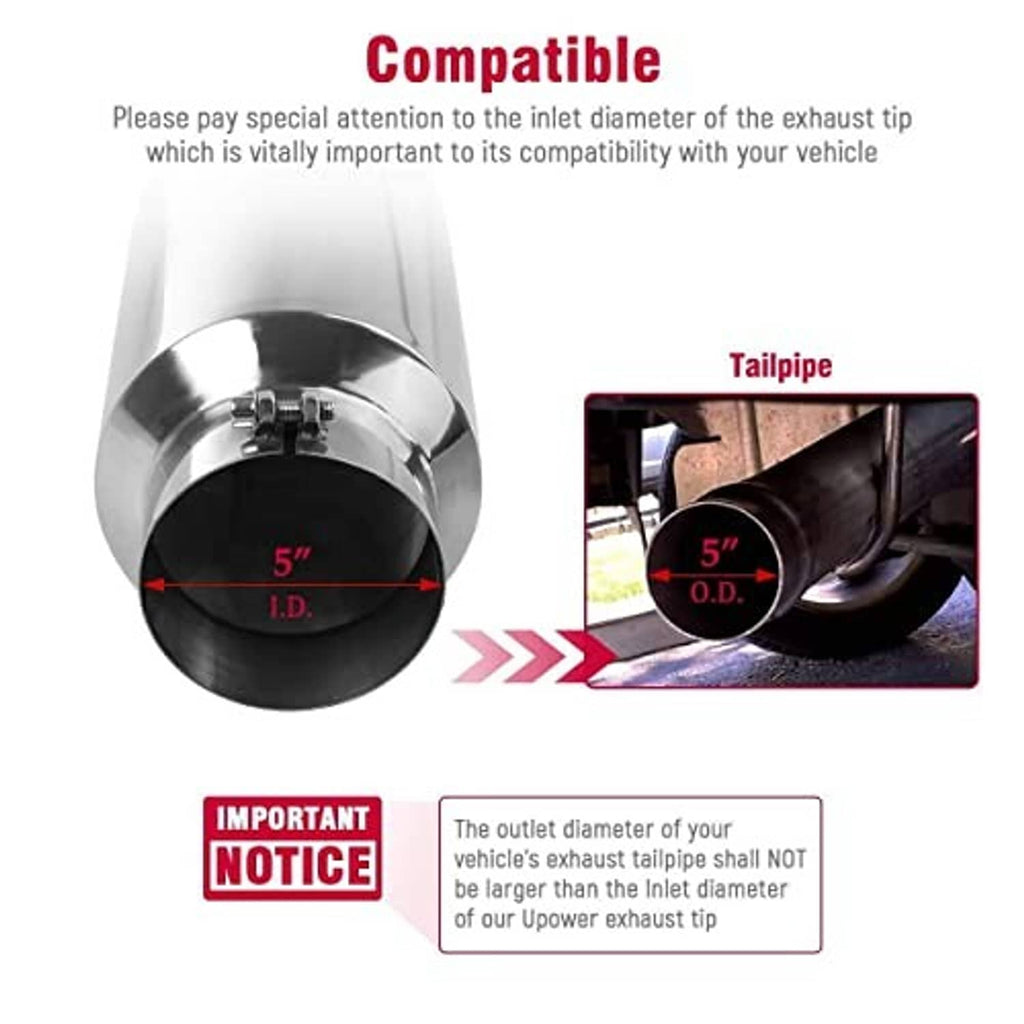 Diesel exhaust tip showing round inlet and 5 in inner diameter measurement