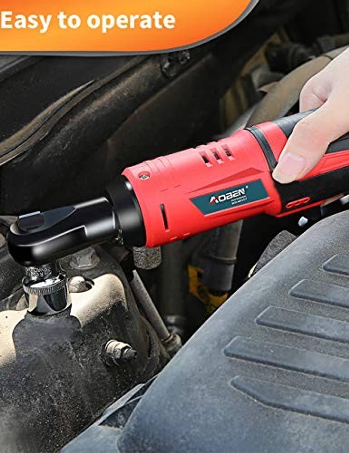 Cordless electric ratchet wrench using a socket on a vehicle engine bay
