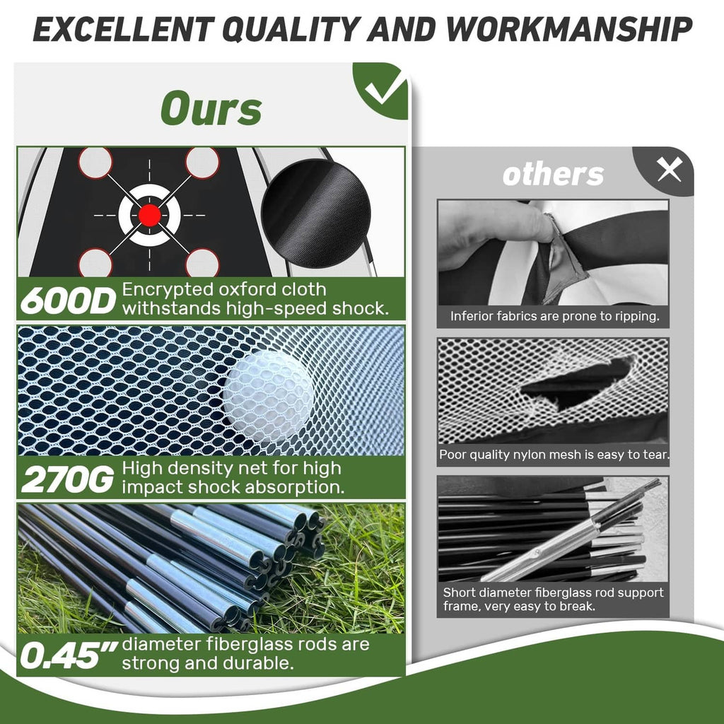 Golf practice net materials: 600D oxford cloth, 270G net, and 0.45 in fiberglass rods