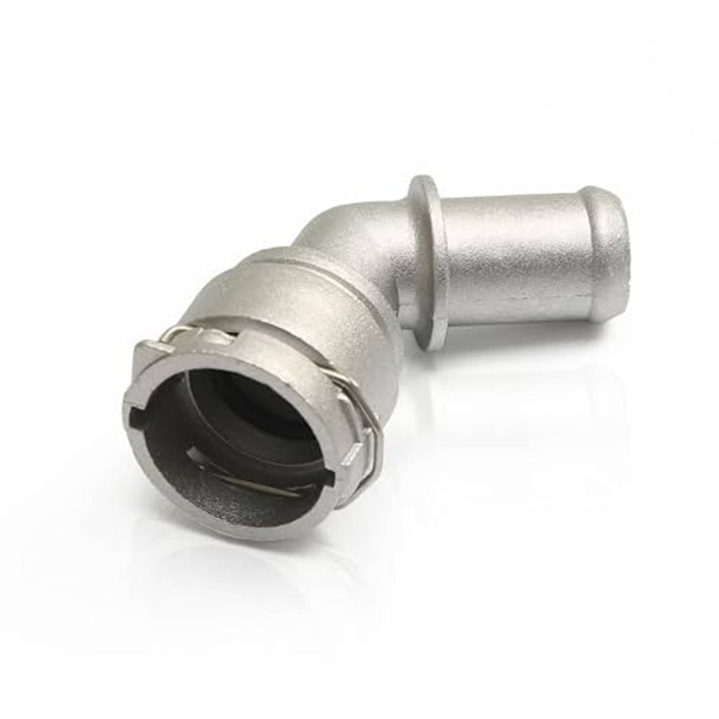 Silver aluminum coolant hose connector pipe, curved outlet with black inner seal