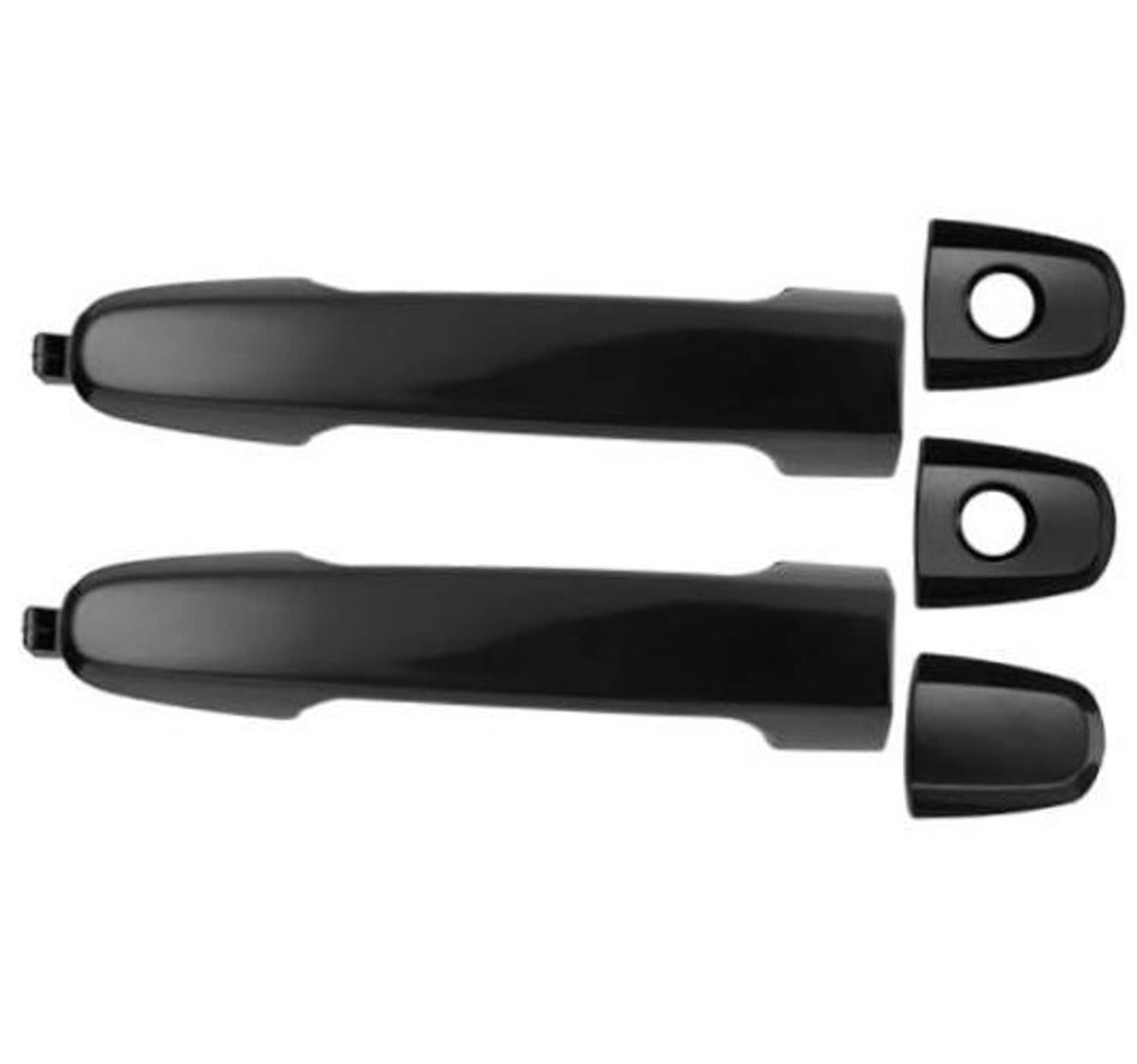 Pair of exterior door handles, dark gray body with round keyholes on black ends