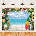 Tropical beach photography backdrop with flowers, palm leaves, surfboards, and sandy shore