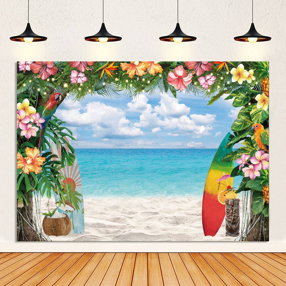 Tropical beach photography backdrop with flowers, palm leaves, surfboards, and sandy shore
