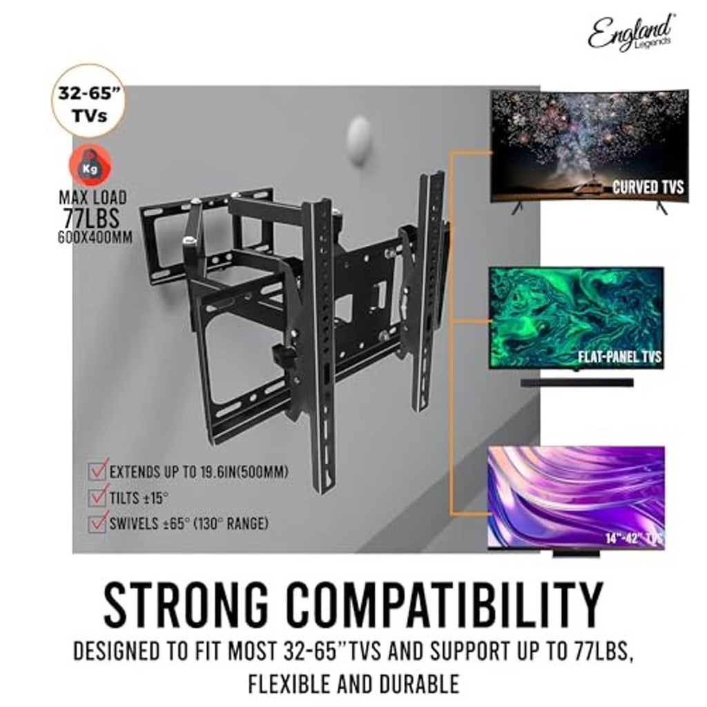 Full motion TV wall mount with articulated dual arms and black VESA mounting plate