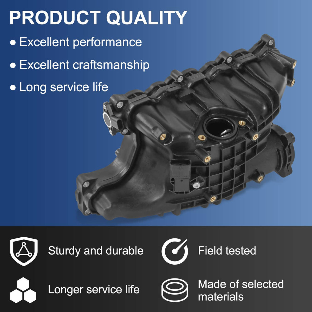 Black intake manifold assembly showing textured housing and round intake port