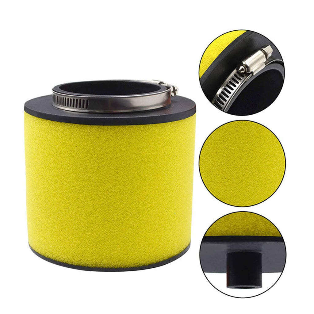 ATV air filter with yellow foam element, black cap, and clamp mounting detail