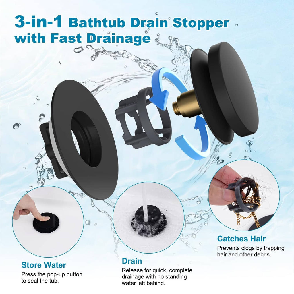 Matte black 3-in-1 bathtub drain stopper with filter basket and drainage disc