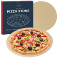 Round cordierite pizza stone, beige surface shown with pizza stone package.