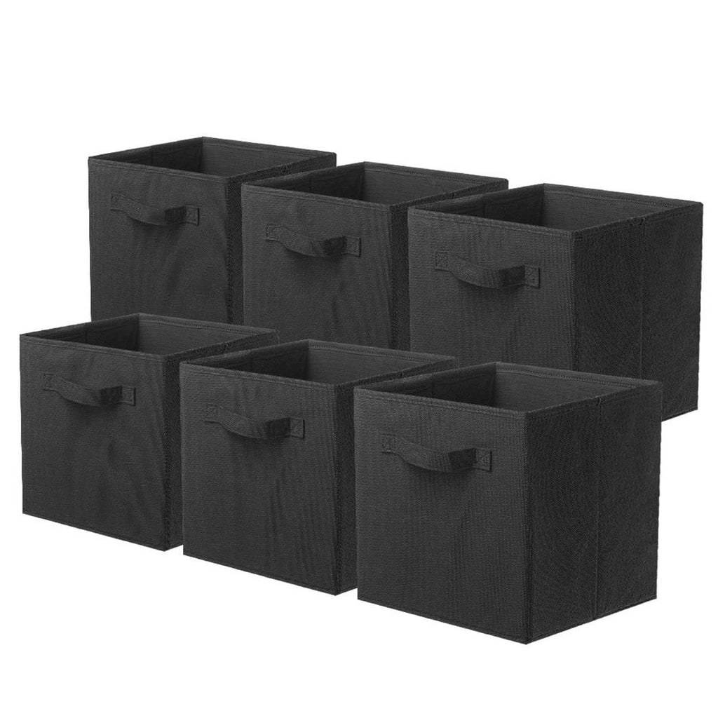 Black foldable fabric storage cubes with front handles, 6-pack