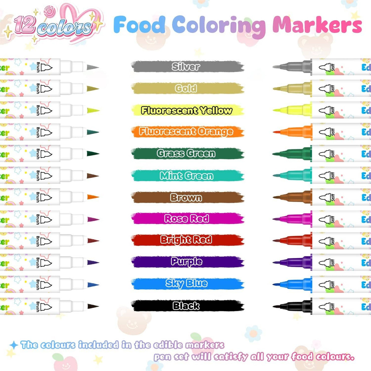 Edible ink marker color guide with labeled shades like silver, gold, black, purple