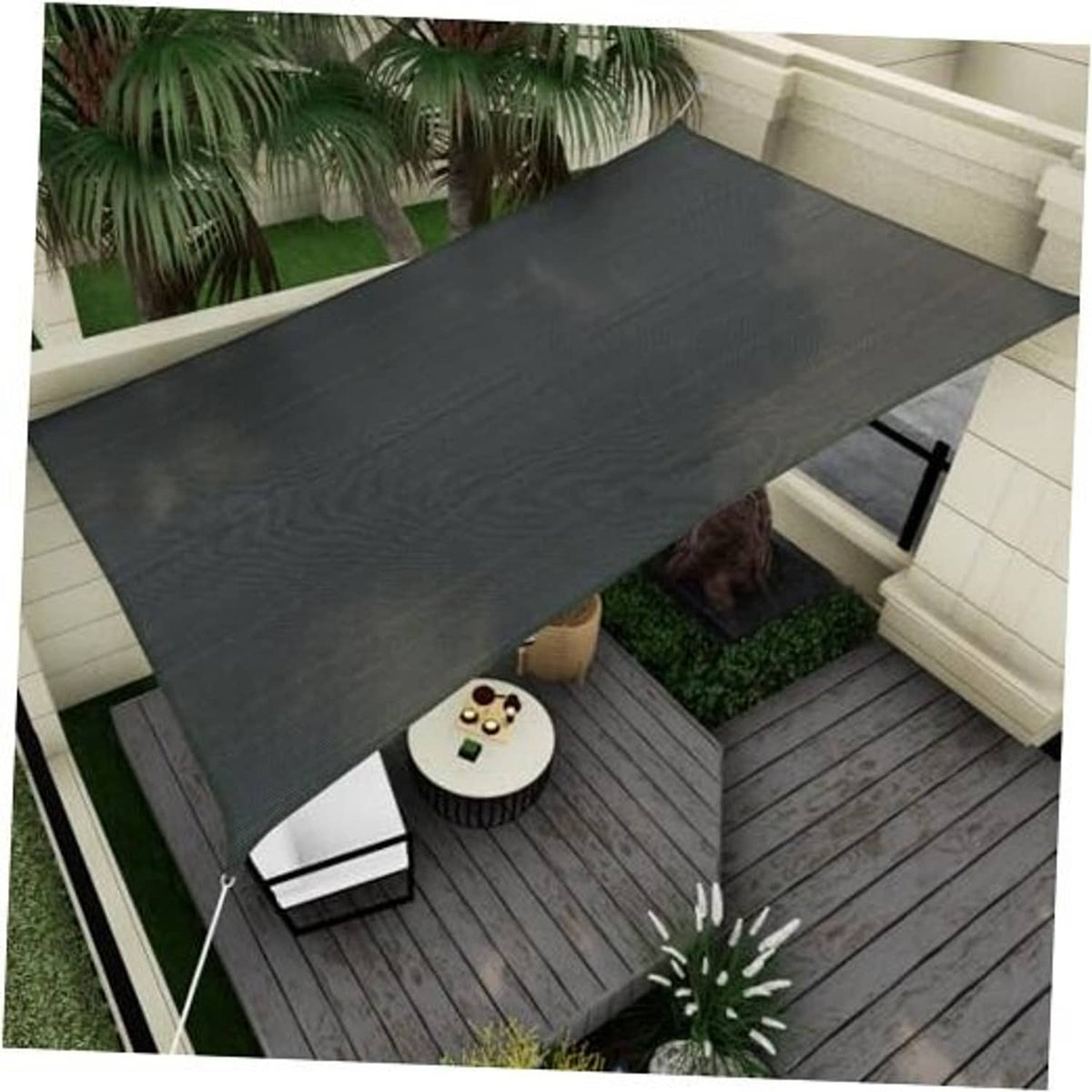 Rectangle shade sail canopy, dark gray, stretched over outdoor deck patio.
