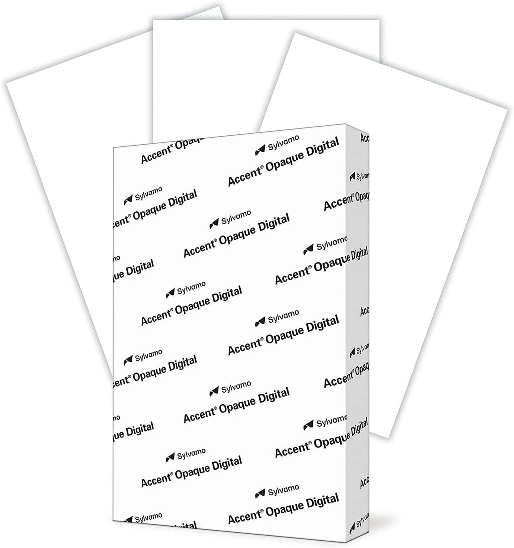 White cardstock paper stack, opaque sheets with printed branding