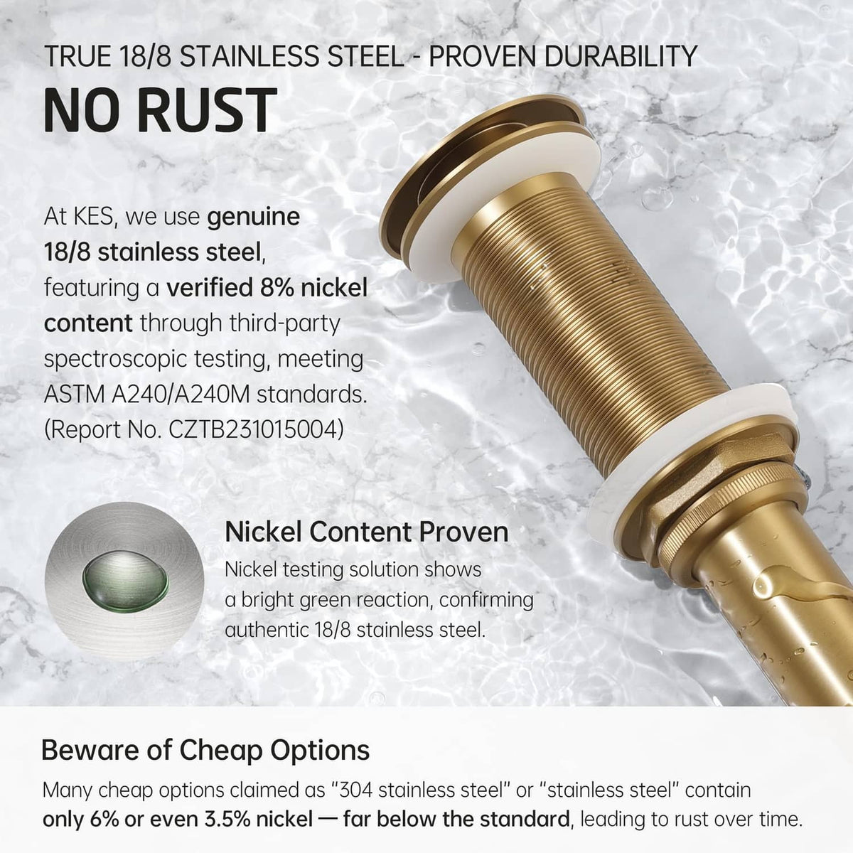 Brushed gold pop-up drain made of 18/8 stainless steel, labeled no-rust
