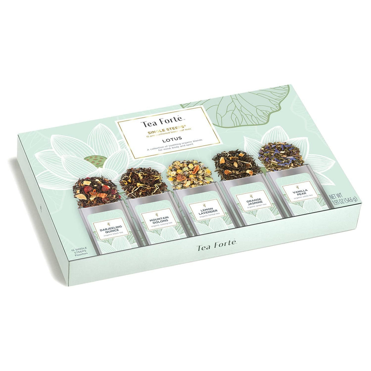 Tea sampler box showing multiple labeled loose leaf tea sections and assorted blends