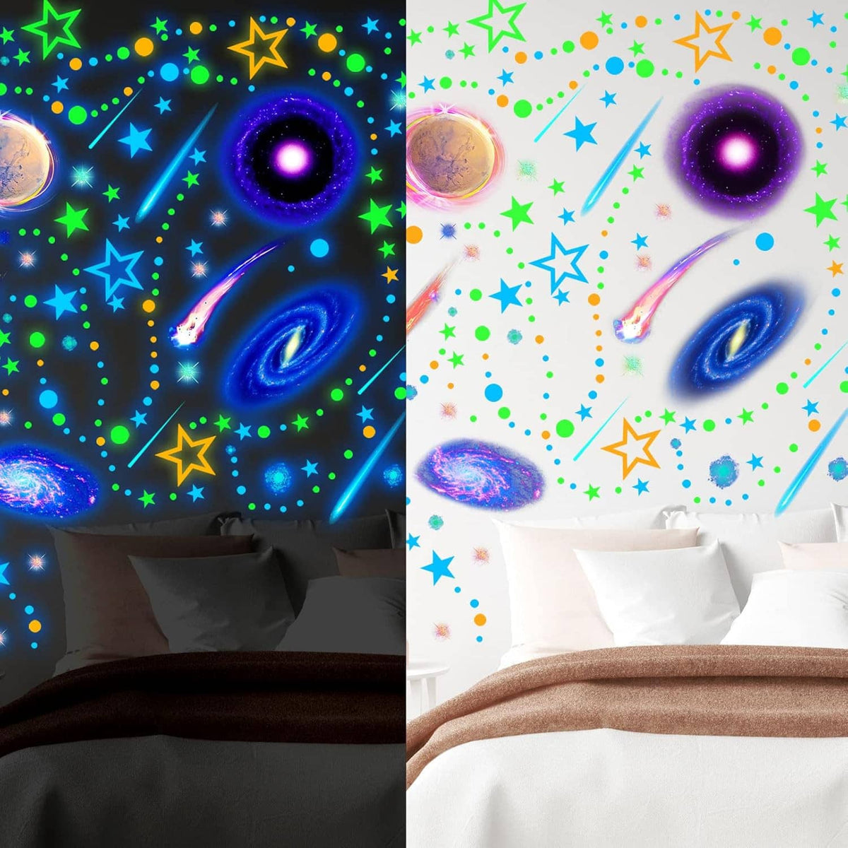 Two views of glow-in-the-dark galaxy wall decals with planets, stars, and rings