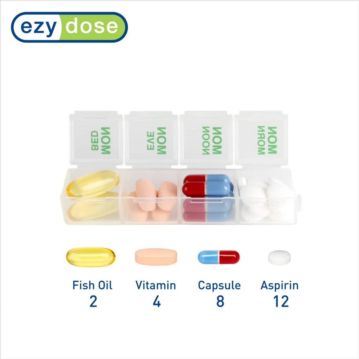 Open 7-day pill organizer with clear compartments and example tablets and capsules