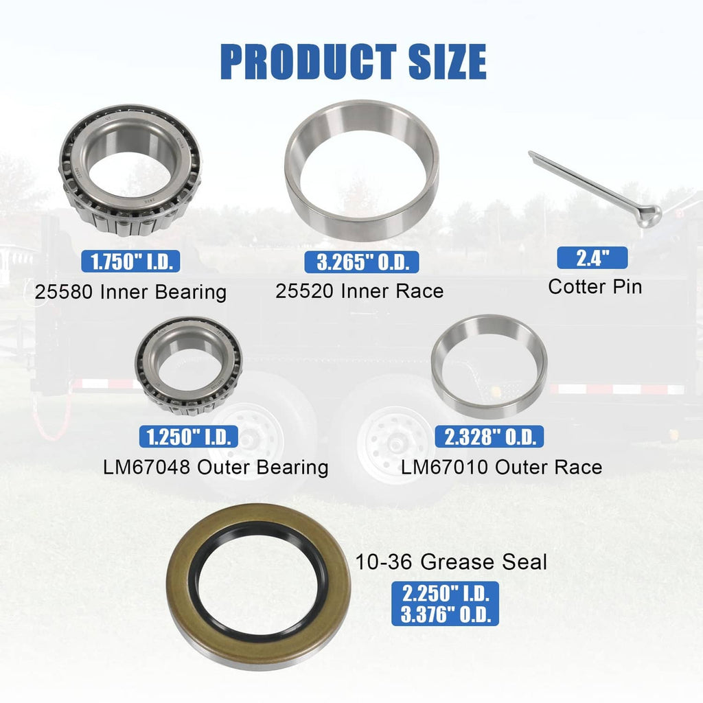 Bearing axle kit parts with labeled dimensions: bearings, races, grease seal, and cotter pin