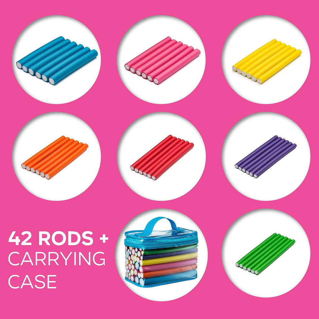 Multi-color heatless hair curling rods with zip carrying case, 42-count set