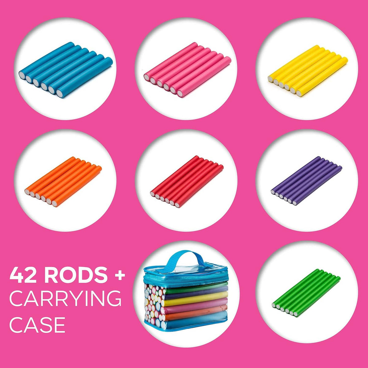 Multi-color heatless hair curling rods with zip carrying case, 42-count set