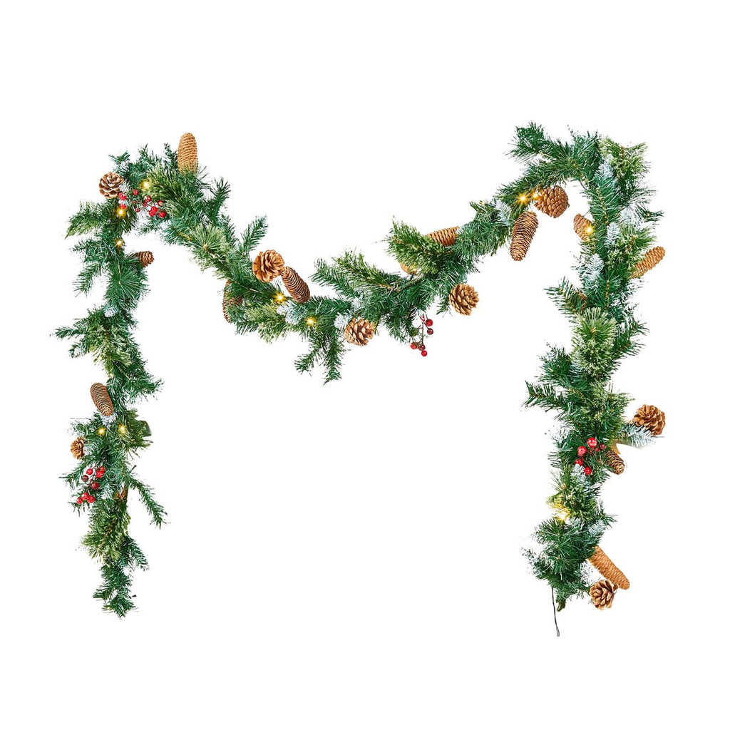 Pre-lit Christmas garland with pine needles, pinecones, red berries, and warm lights