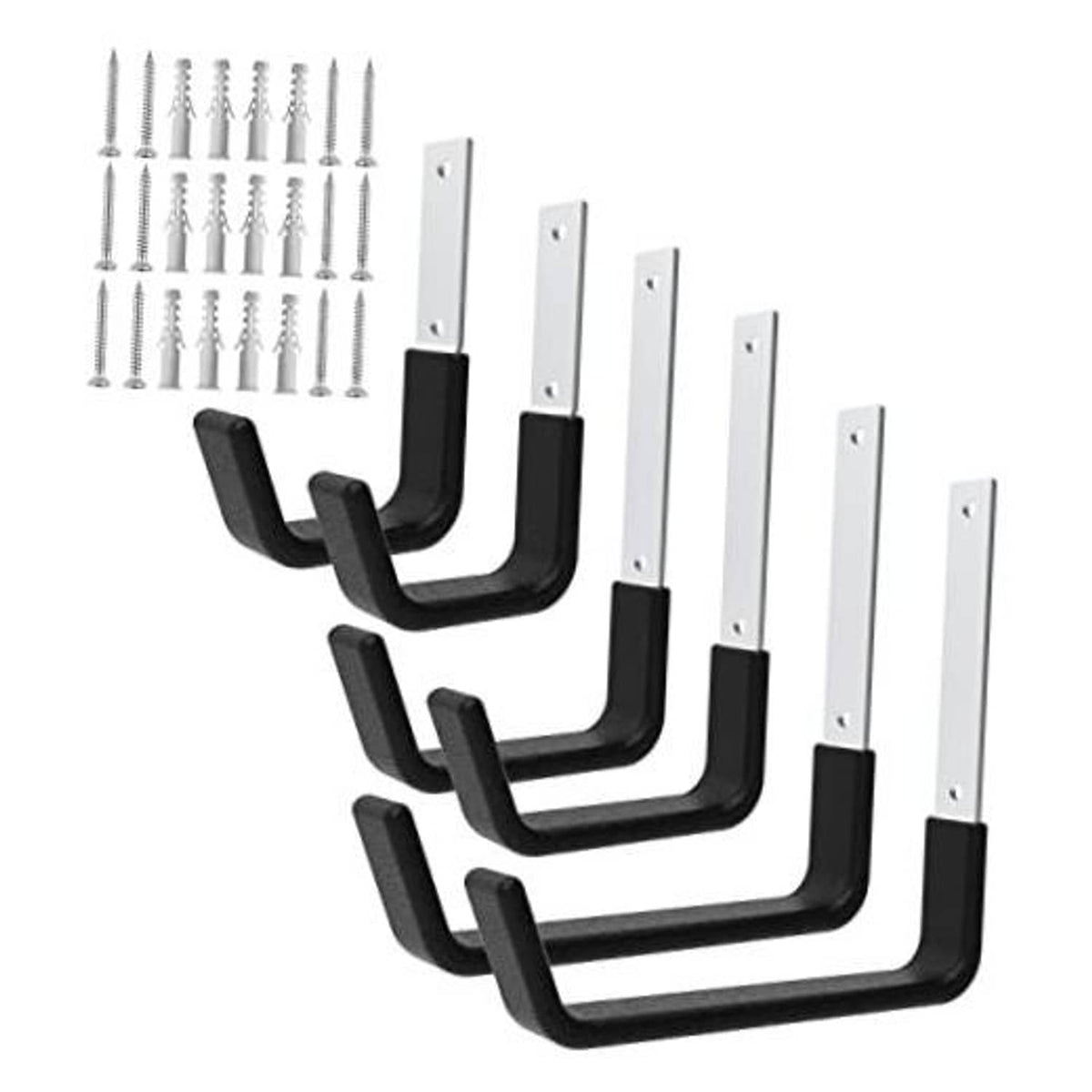 Set of black U hooks with metal screws and wall-mounting plates