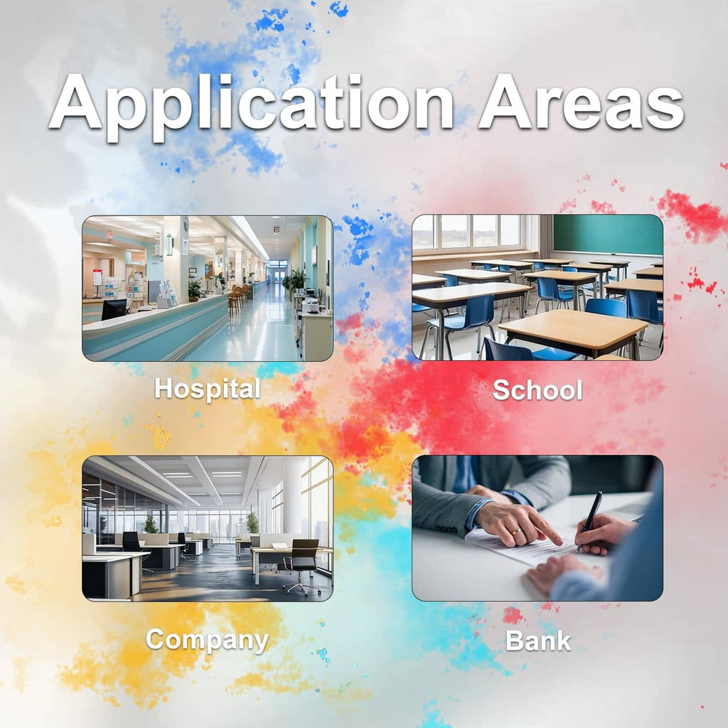 Application areas infographic card with hospital, school, company, and bank panels