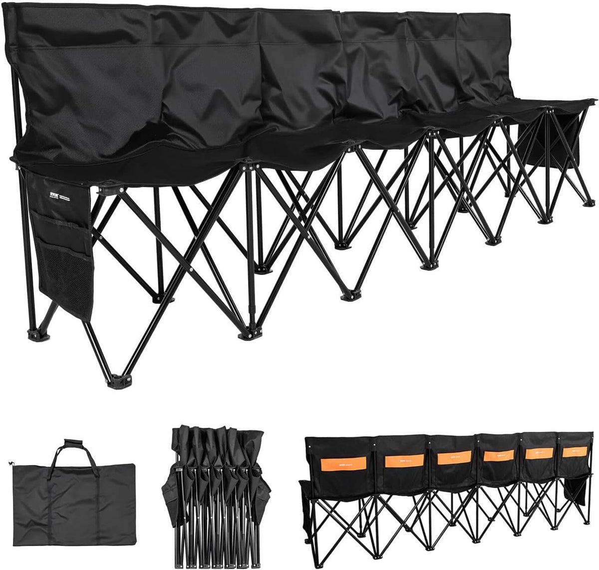 Black folding soccer bench set with backrest cover and multiple storage pockets