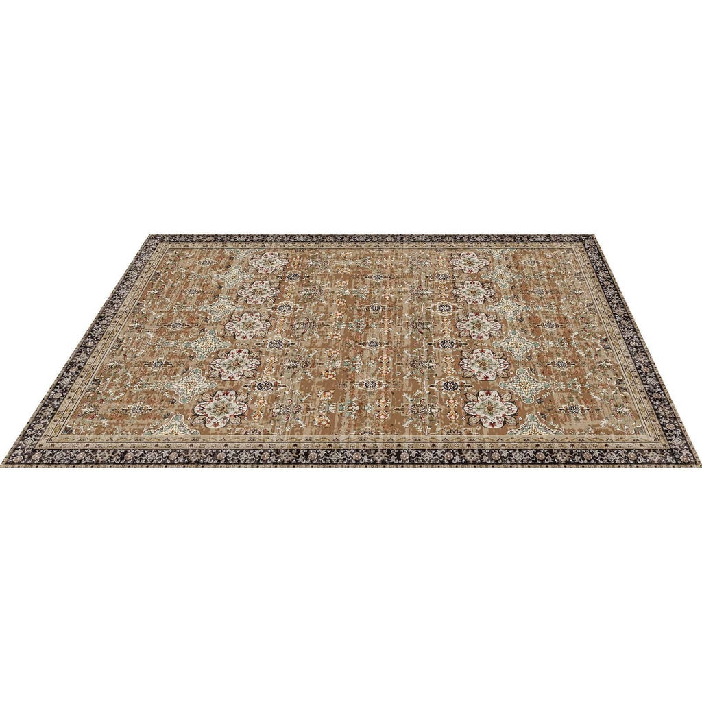 Flat-lay view of vintage-style area rug with ornate floral pattern and dark border