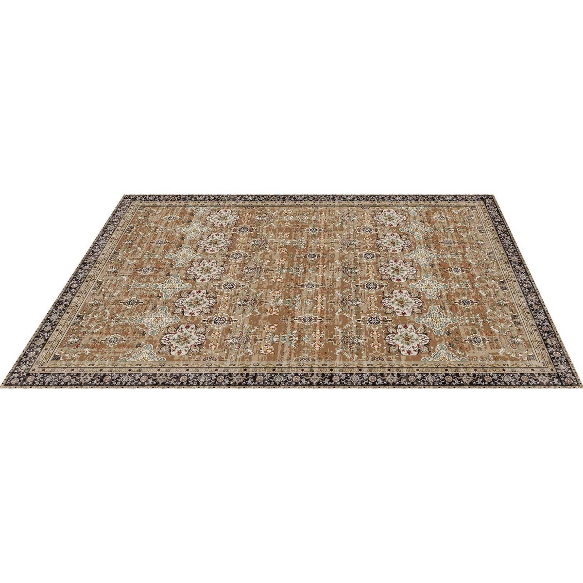 Flat-lay view of vintage-style area rug with ornate floral pattern and dark border