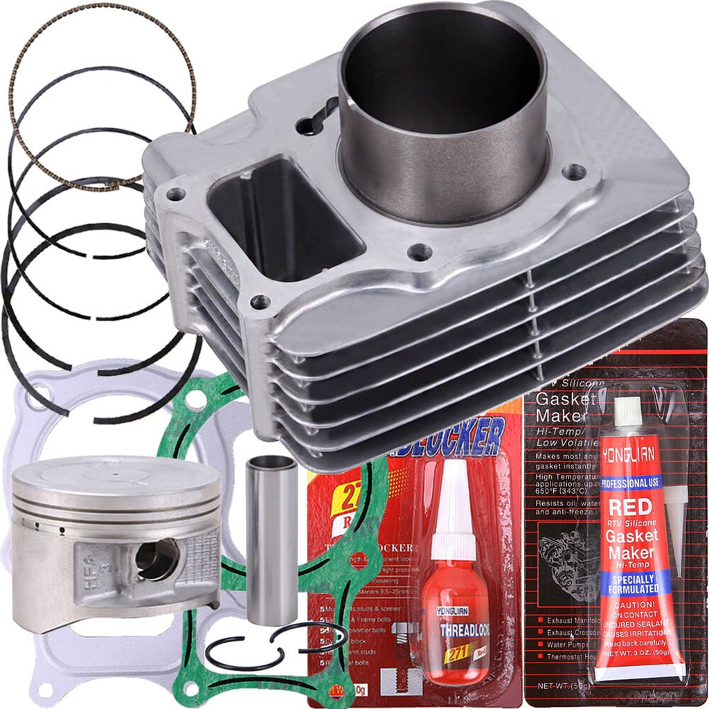 ATV cylinder and piston rebuild kit showing cylinder head, piston, rings, and base gasket