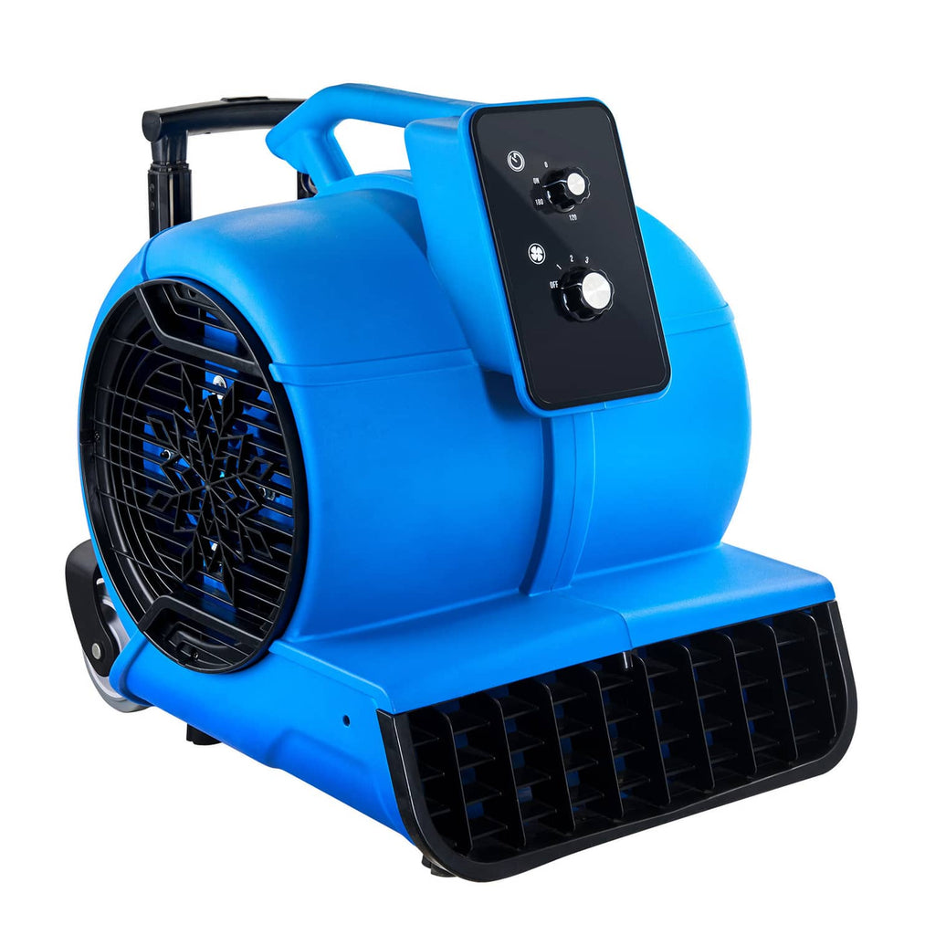 Blue floor blower with black fan grille, top control panel, and handle with wheels