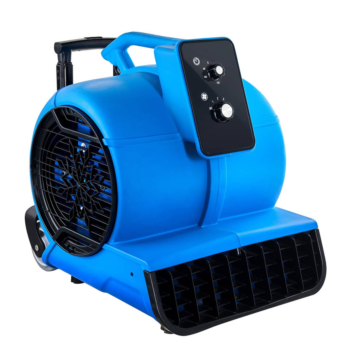 Blue floor blower with black fan grille, top control panel, and handle with wheels