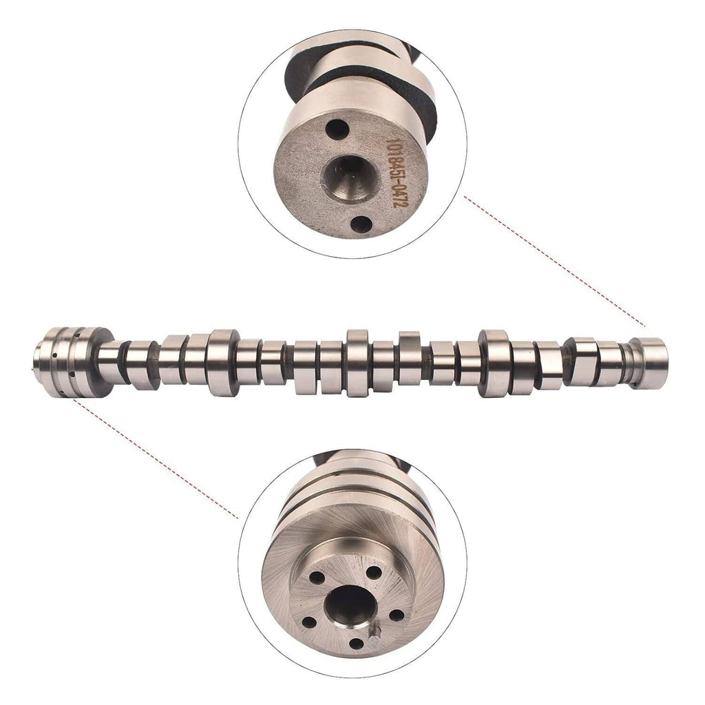 Camshaft with end bearing housing showing bolt holes and machined metal lobes