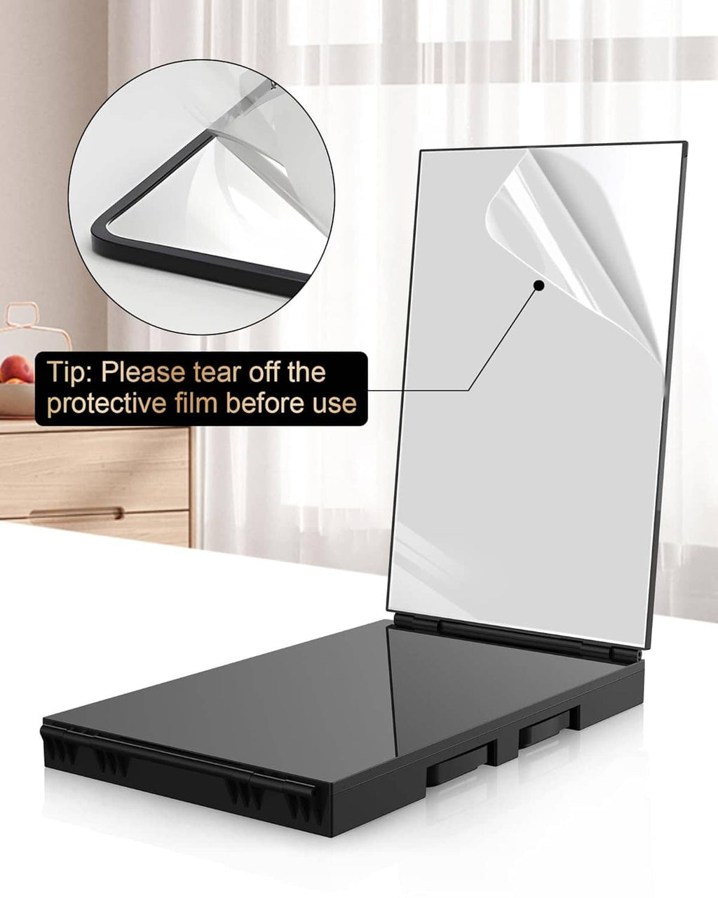 Folded anti-fog hair cutting mirror with protective film instruction