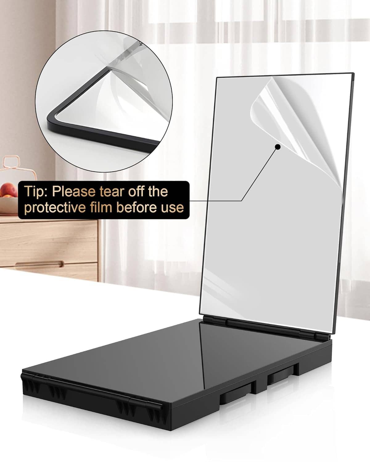 Folded anti-fog hair cutting mirror with protective film instruction
