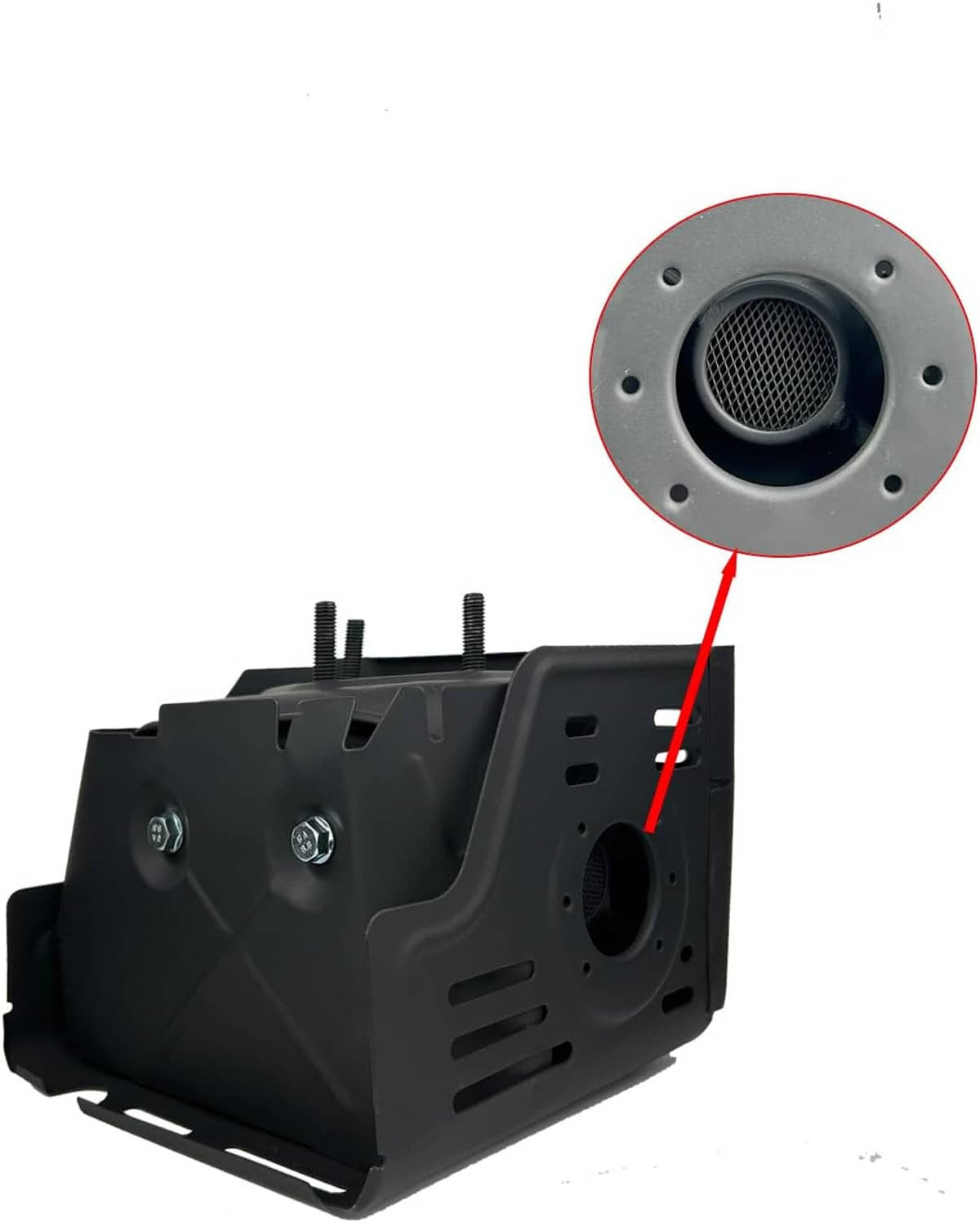 Black muffler silencer with circular outlet grille and side mounting plate