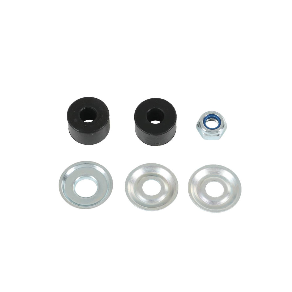 Shock absorber installation hardware kit: black bushings, washers, and nut