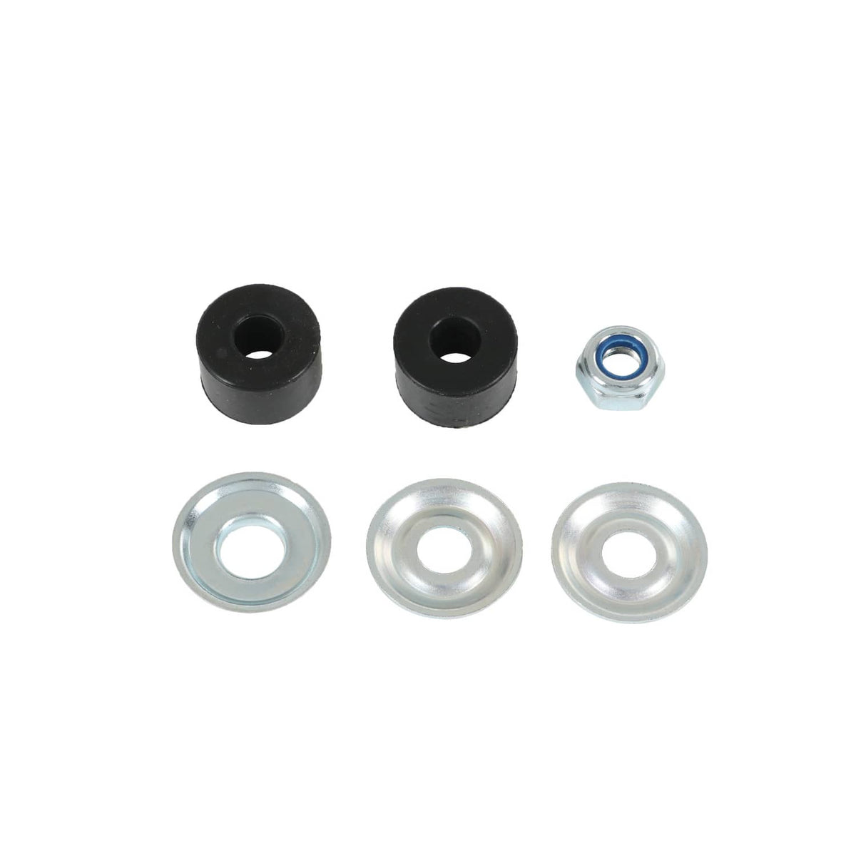 Shock absorber installation hardware kit: black bushings, washers, and nut
