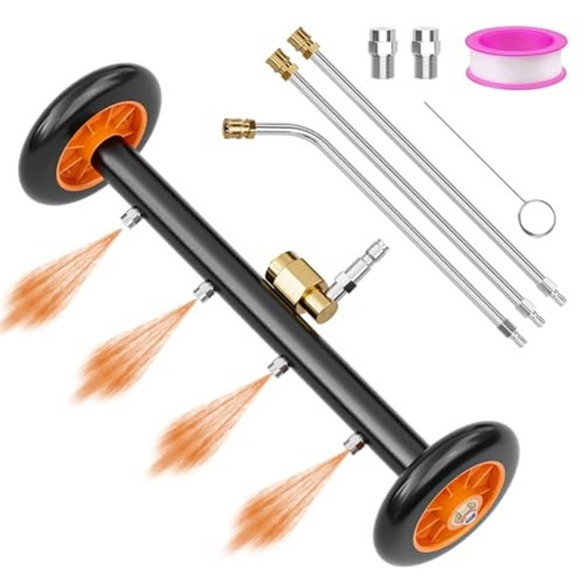 Undercarriage pressure washer attachment kit with black frame, orange wheels, brass connectors