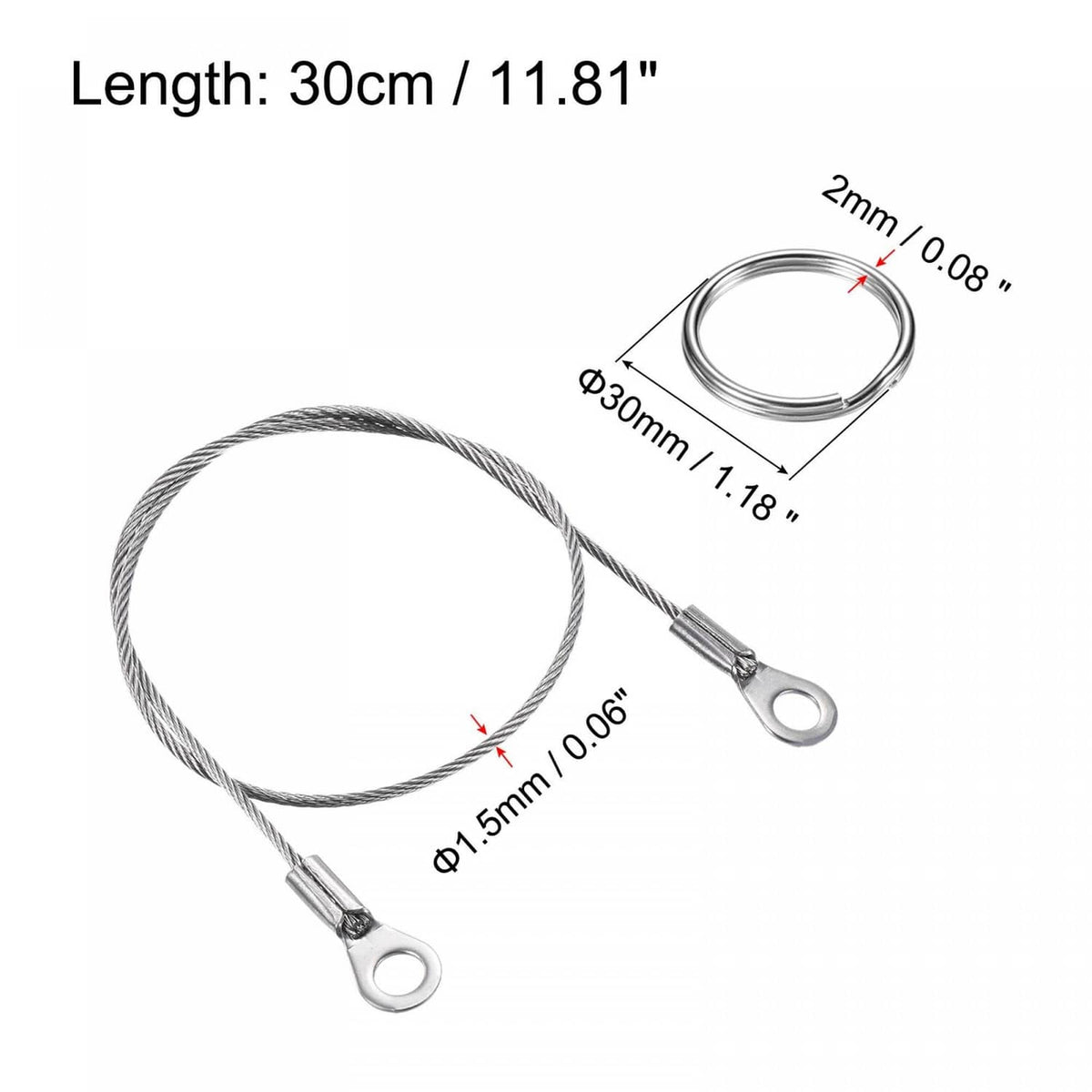 Stainless steel lanyard cable with twisted wire strand, eyelet end, and coiled ring
